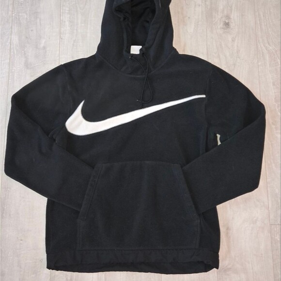 Nike Fleece Pullover Hoodie Cozy Drawstring Bottom Black White Sweatshirt Warm S - Picture 1 of 6